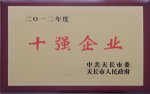 公司荣获天长市2012年度“十强企业”荣誉称号